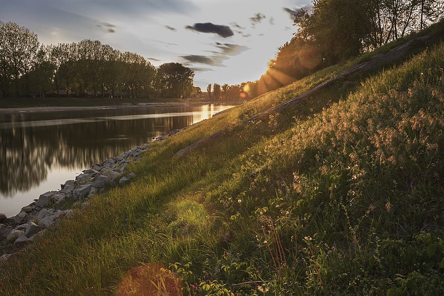 dawn, dusk, grass, nature, outdoors, placid, river, rocks, scenic HD wallpaper