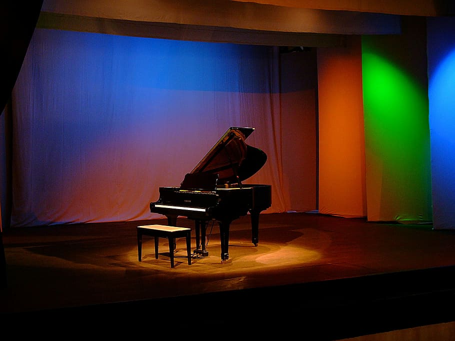 black grand piano on stage, Music, Theatre, Keyboard, Musical, HD wallpaper