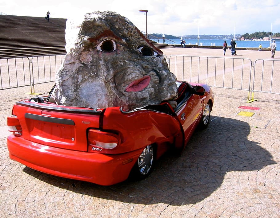 Auto, Stone, Crash, art, red, crash landing, sydney biennale 2004, HD wallpaper