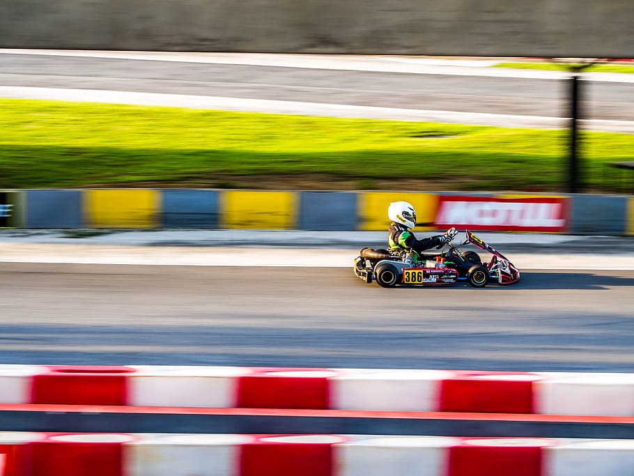 man riding on go-kart, person riding racing cart on race track at daytme, HD wallpaper