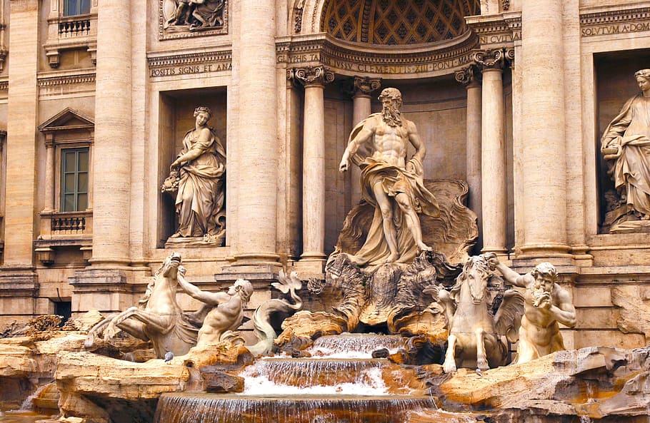 man statue, rome, lazio, italy, fontana, trevi, fontana di trevi, HD wallpaper