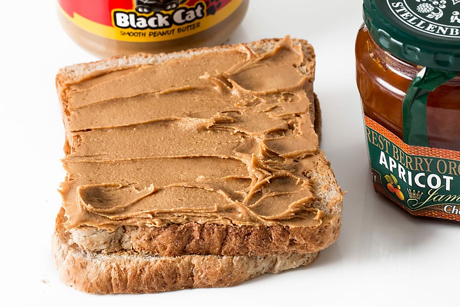 peanut butter, toast, spread, breakfast, jam, sandwich, snack