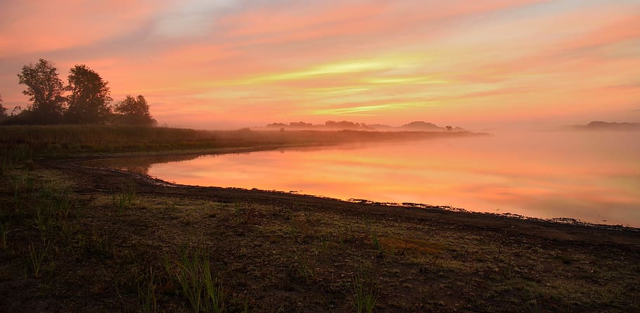 dawn, panoramic, nature, pond, sky, environment, landscape HD wallpaper
