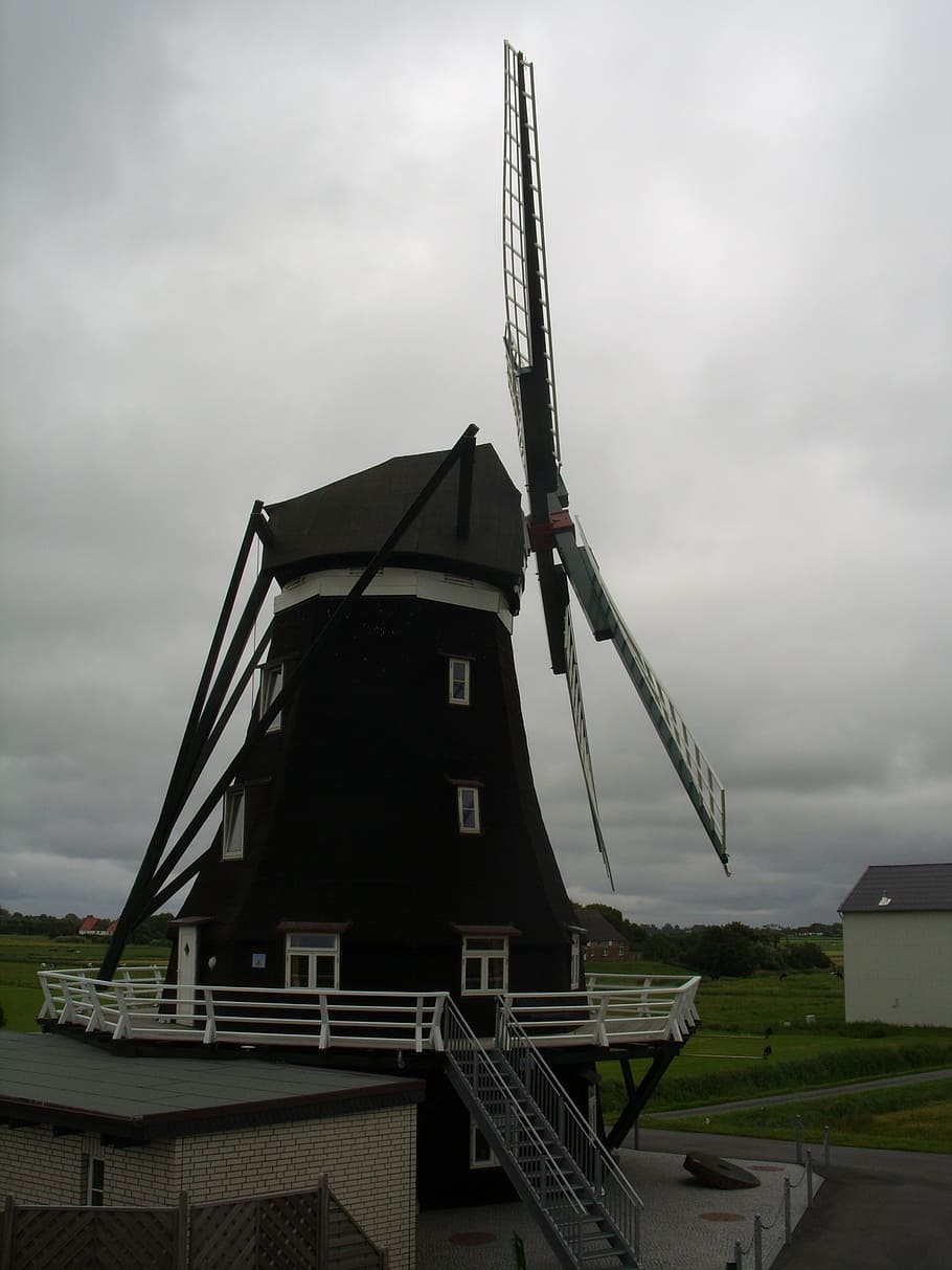 mill, windmill, pellworm, building, north sea, sky, built structure HD wallpaper