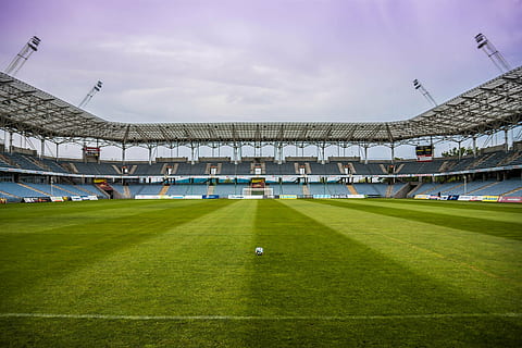 green football field, white, soccer, stadium, daytime, grass HD wallpaper