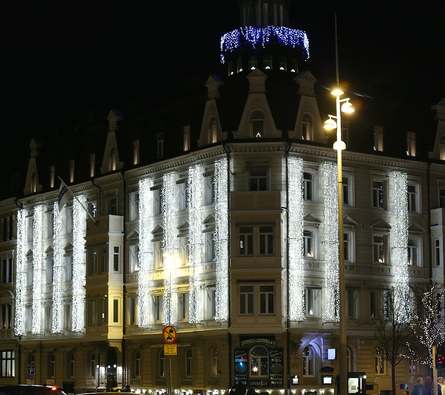 lightchains, building, helsingborg, christmas decorations, illuminated HD wallpaper