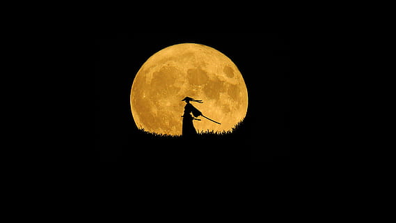 silhouette of person holding sword during full moon, samurai HD wallpaper
