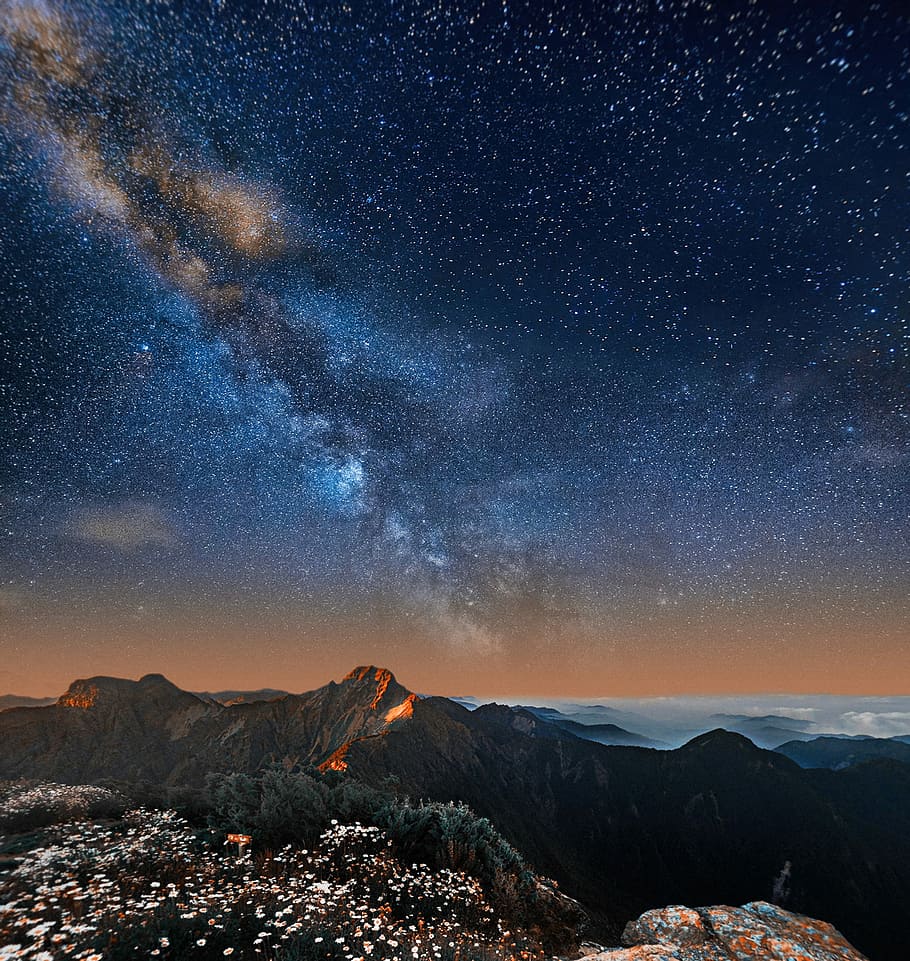 mountain under starry night sky, rock, tree, outdoor, vacation HD wallpaper