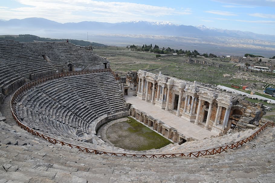 gray concrete stadiu, hierapolis theatre, ruin, turkey, stone, HD wallpaper