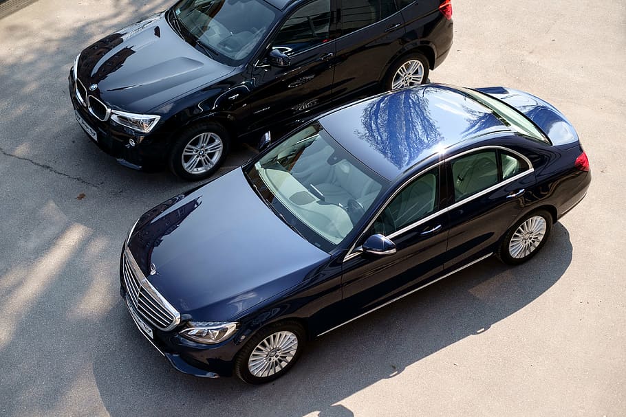 black BMW car and black Mercedes-Benz S-class sedan on parking lot, HD wallpaper