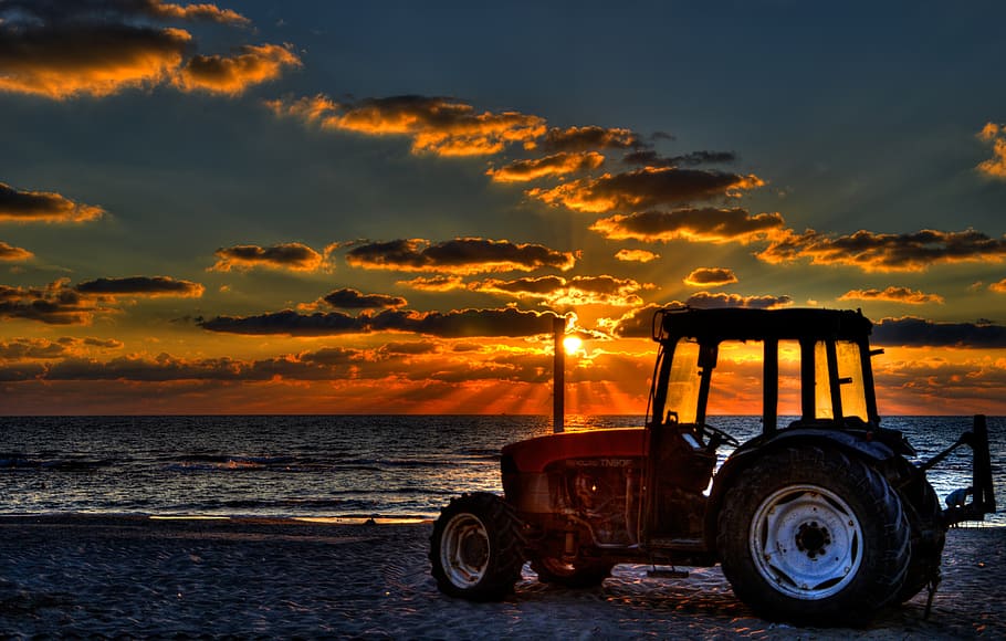 sunset, beach, shore, sky, mode of transportation, water, sea HD wallpaper