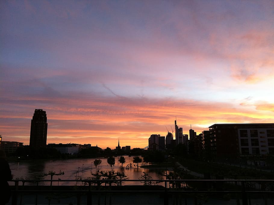 frankfurt, sunset, plane, eastern harbour, sky, clouds, architecture HD wallpaper