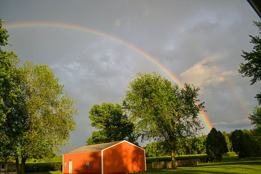 rainbow above orange bar, barn, red, nature, trees, leaves HD wallpaper
