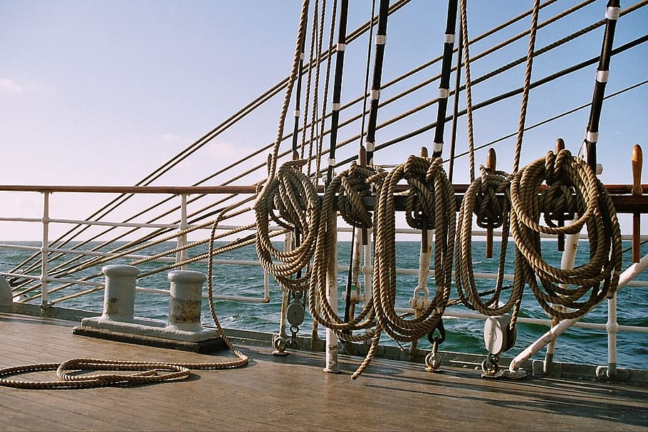 beige ropes near white ship rail, knot, sailing vessel, rigging