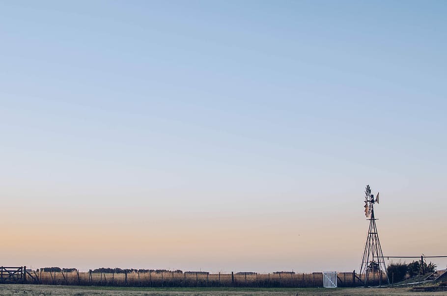 panorama photography of wind pump, windmill and field, sunset HD wallpaper