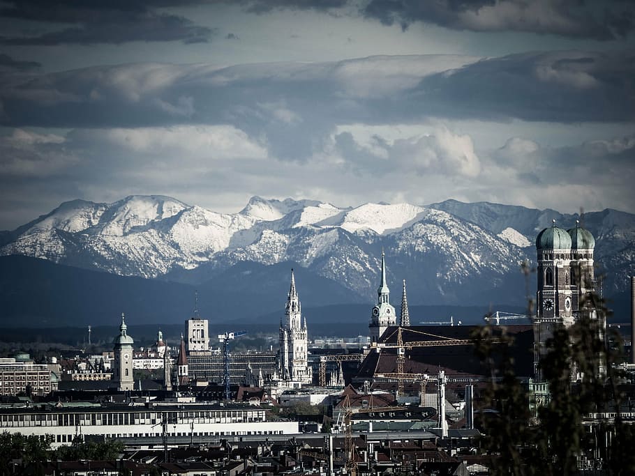 munich, mountains, frauenkirche, mood, state capital, from above