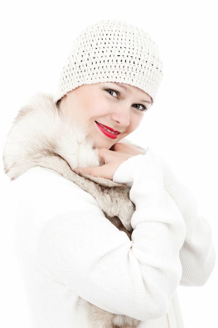 woman wearing white knitted beanie and fur jacket, beauty, cold, HD wallpaper