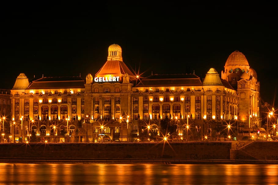 gellert bath, hungary, budapest, long shutter speed, night picture HD wallpaper
