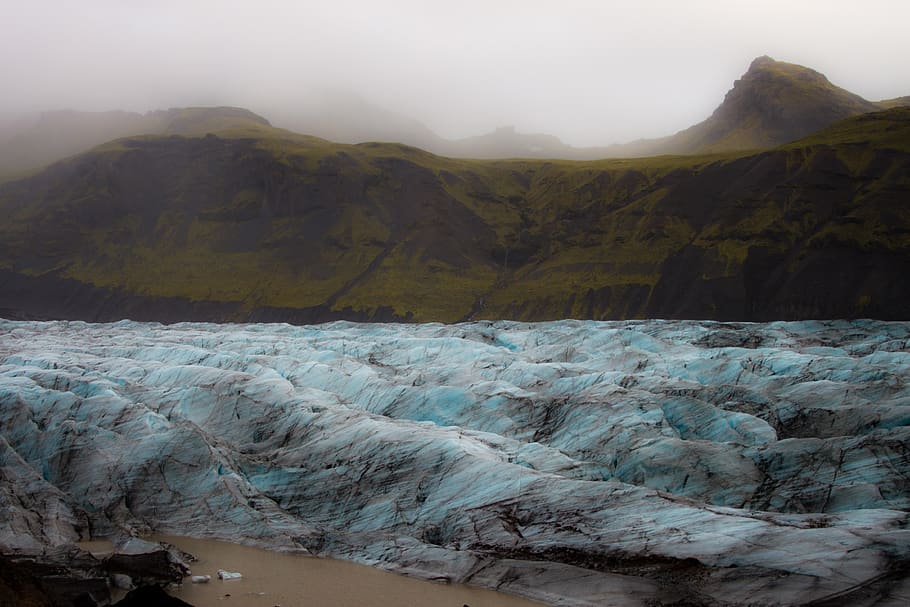glacier, glacier tongue, iceland, blue, cold, mountains, fog, HD wallpaper