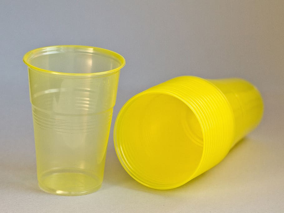 creative, plastic cup, disposable, water, production, yellow HD wallpaper