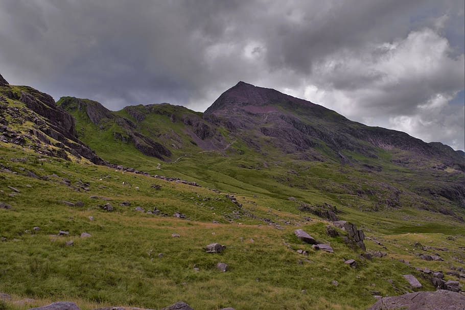 mountain, cloudy, wales, landscape, clouds, green, rocky, mountain landscape HD wallpaper