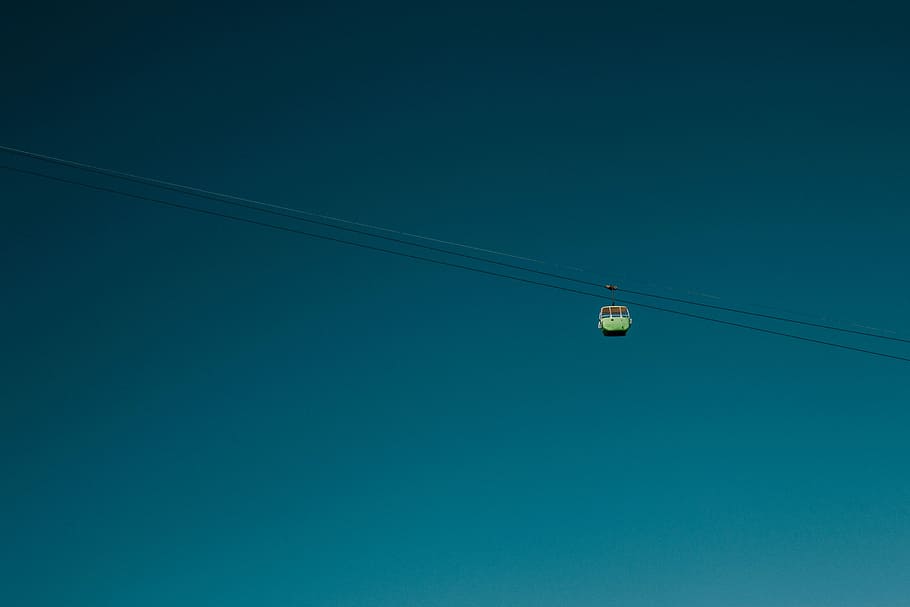 green cable cart crossing wire, green cable car during clear blue sky HD wallpaper