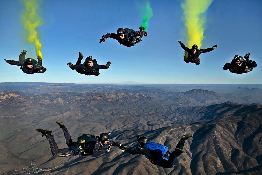 seven persons sky diving with parachutes under clear blue sky, HD wallpaper