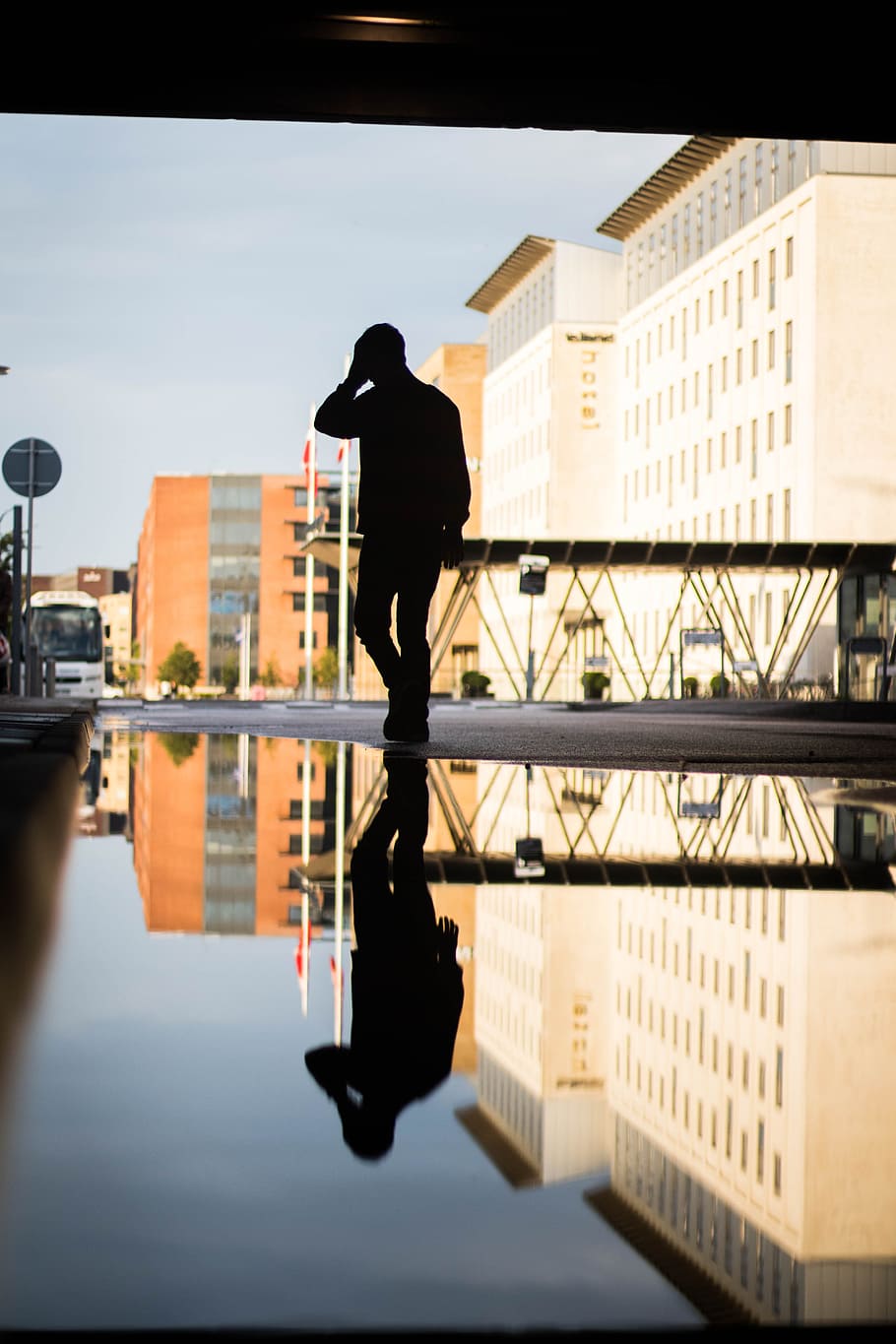 water, reflection, buildings, house, guy, nature, blue, sky HD wallpaper
