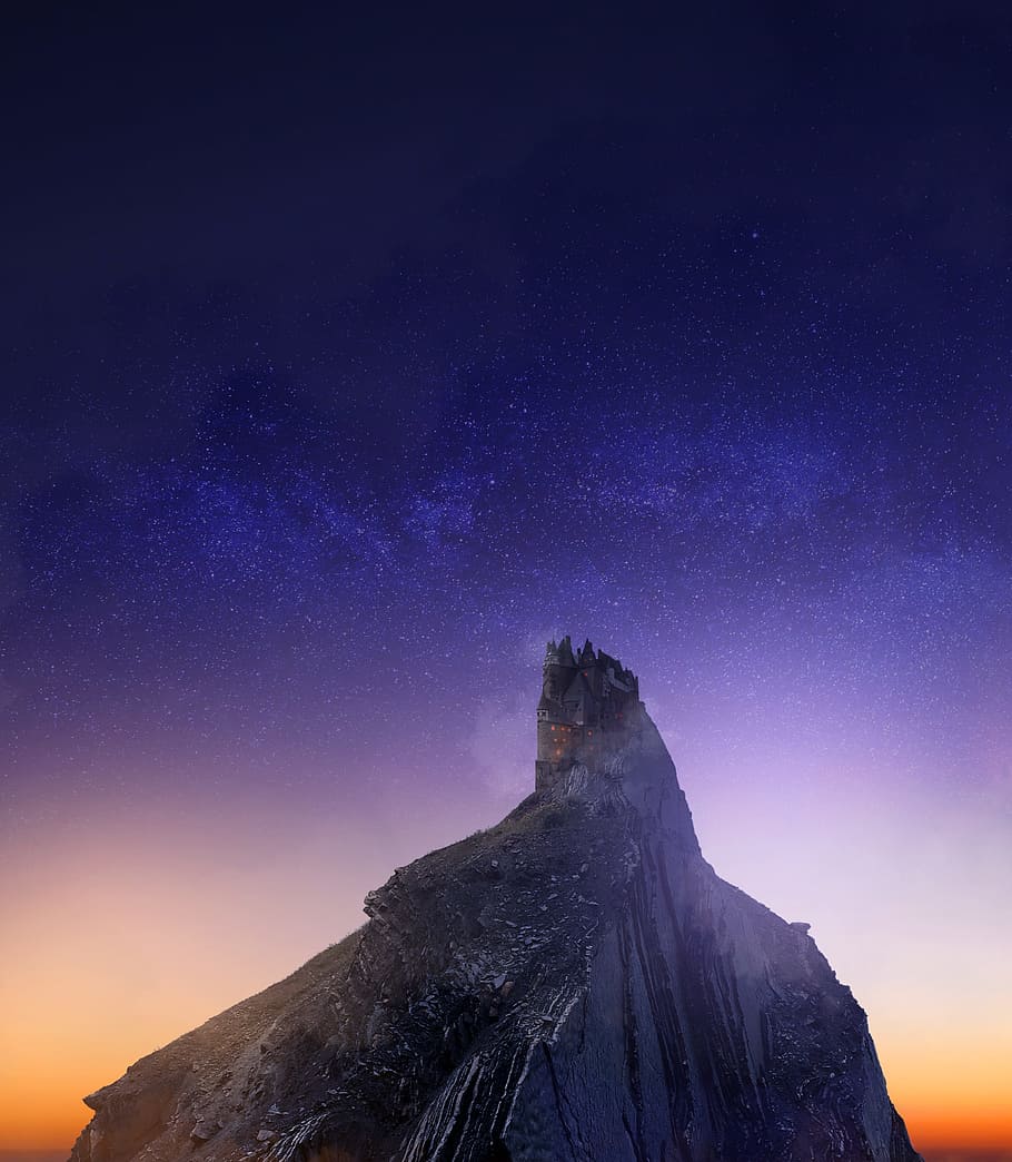 sky, mountain, sunset, castle, stars, rock, hill, star - space HD wallpaper