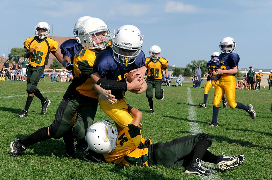 football players struggling to hold the football during daytime, American football players on green grass field HD wallpaper
