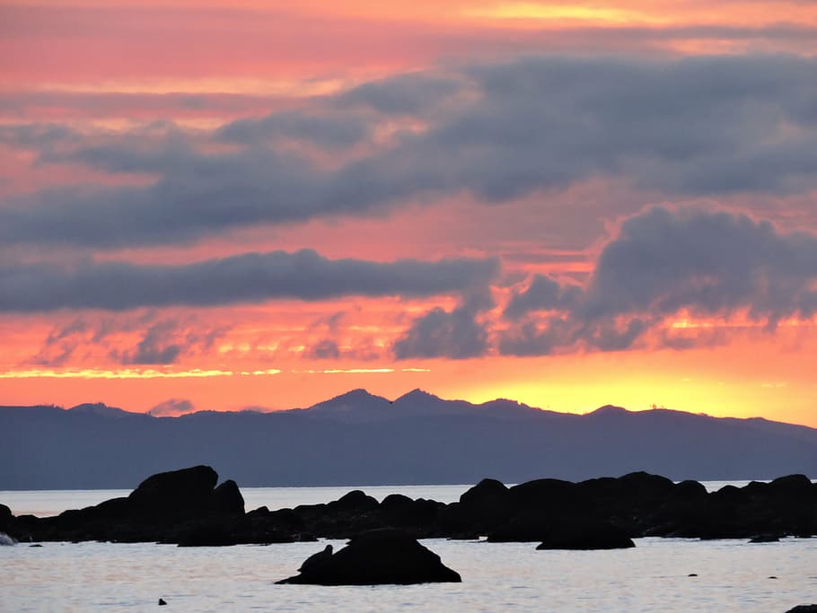 sunset, ocean, shore, sea, water, coast, dusk, evening, twilight HD wallpaper