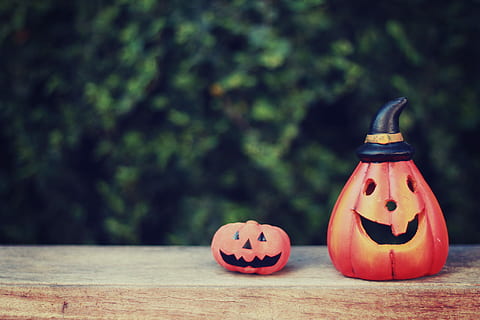 two cut pumpkins decors on brown wooden surface, halloween, autumn HD wallpaper