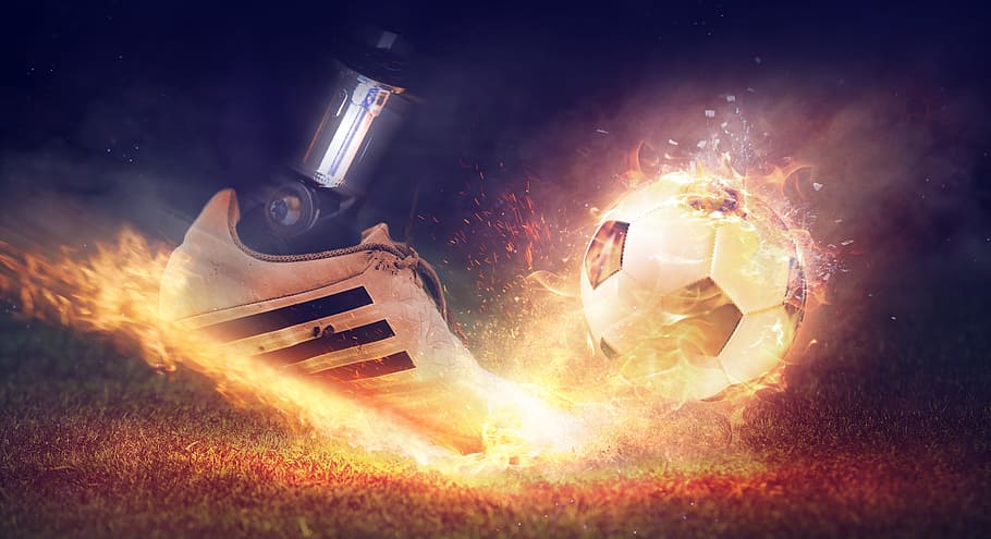 unpaired white Adidas shoe kicking soccer ball, football, football boot