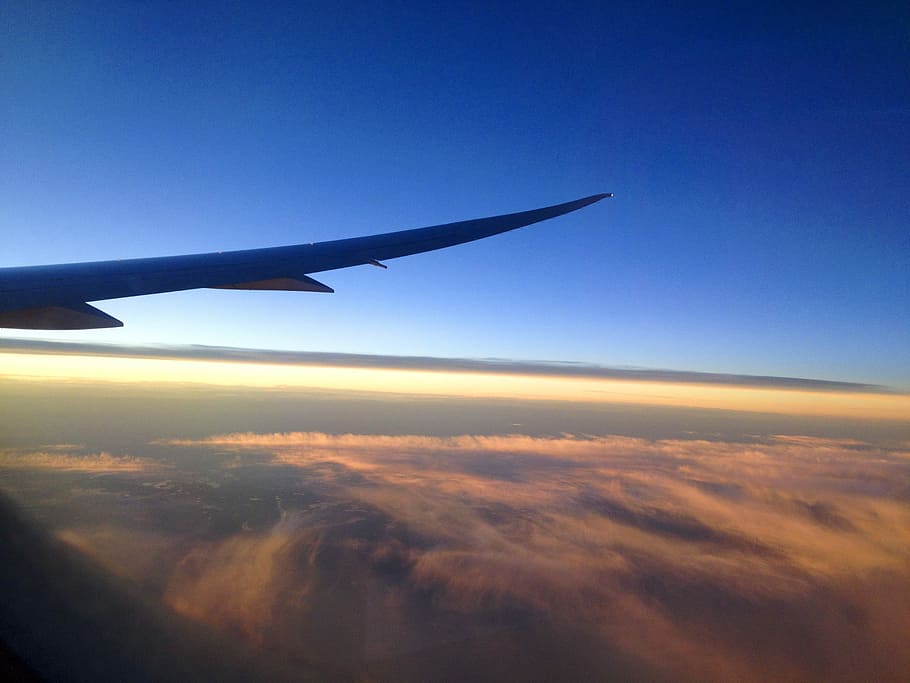 Sunset, Plane, Flight, Travel, transportation, sky, clouds sunset HD wallpaper