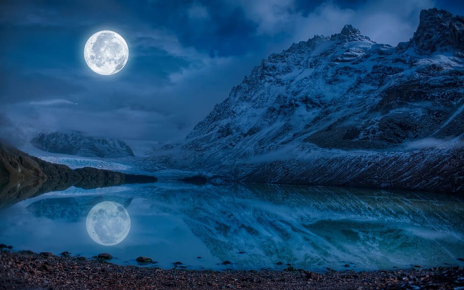 body of water and moon landscape, photography, midnight, season HD wallpaper