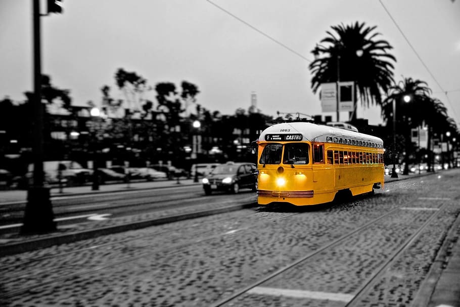 yellow and white bus passing on road, Tram, Trolley, Train, San Francisco