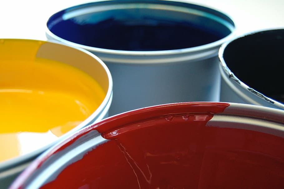 selective focus of four paints, farbeimer, cmyk, print, printing inks, HD wallpaper