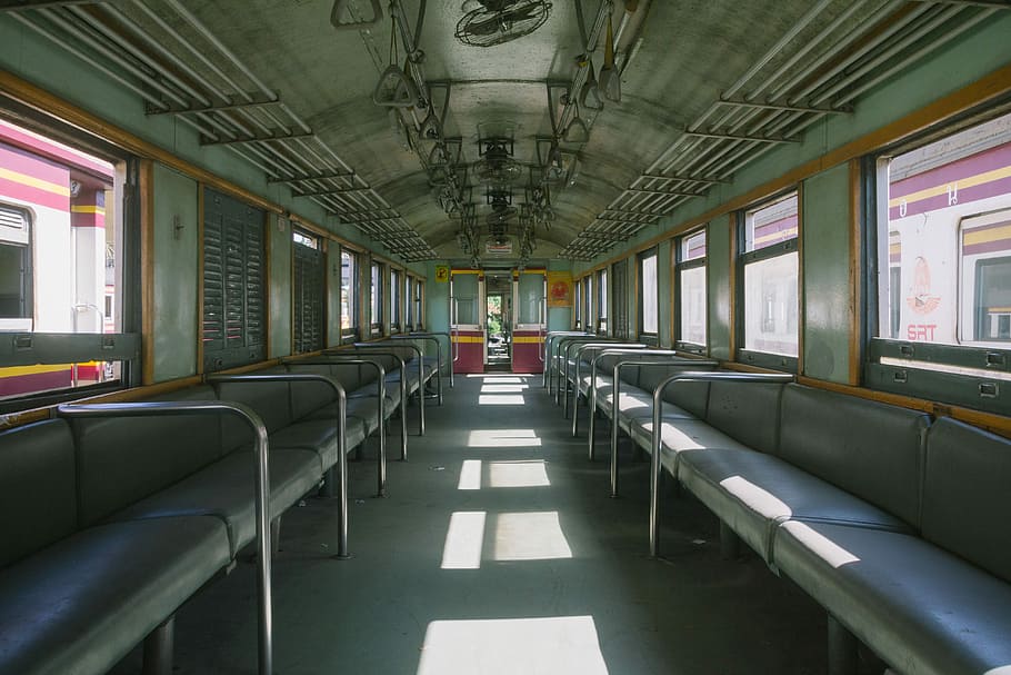 structural photography of green train coach, empty train cab, HD wallpaper