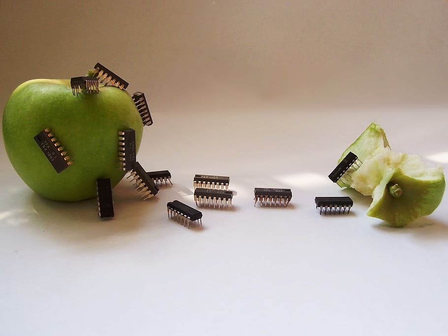 close-up photo of apple and adapter lot, integrated circuit, component, HD wallpaper