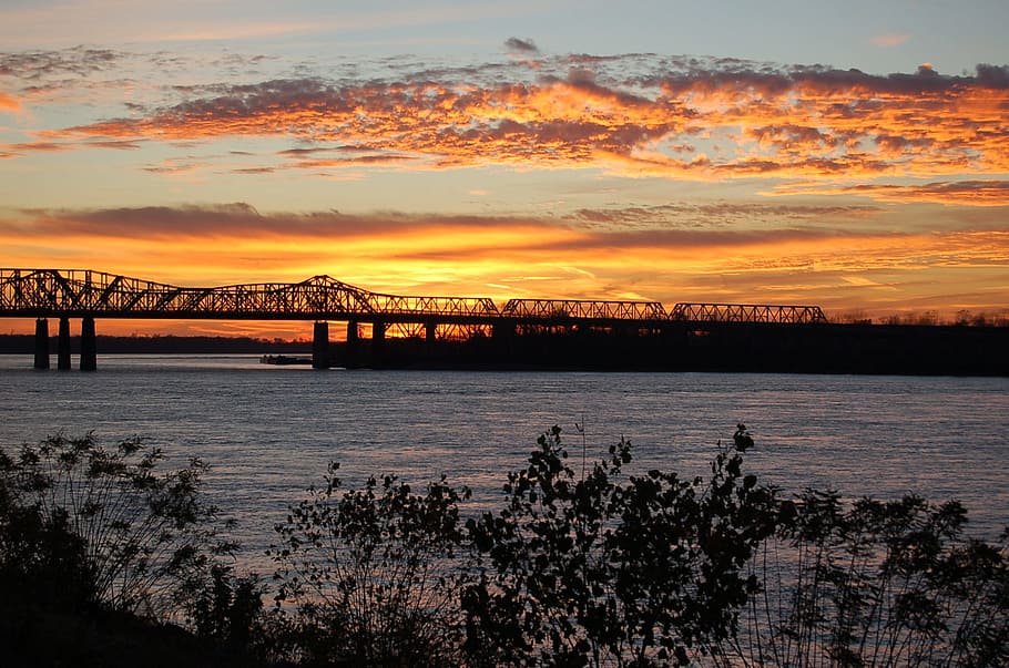 silhouette of bridge above body of water, sunset, landscape HD wallpaper