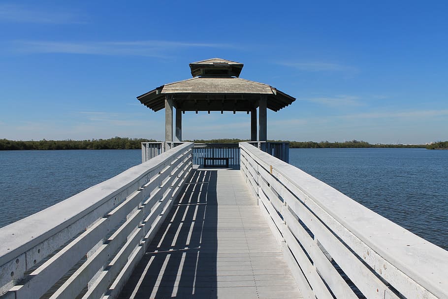 abstract, dock, pier, calm, lake, perspective, blue, mood, water HD wallpaper