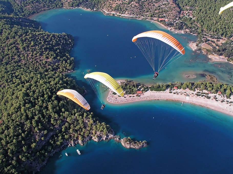 three people riding a parachute, paragliding, sky, air, paraglider