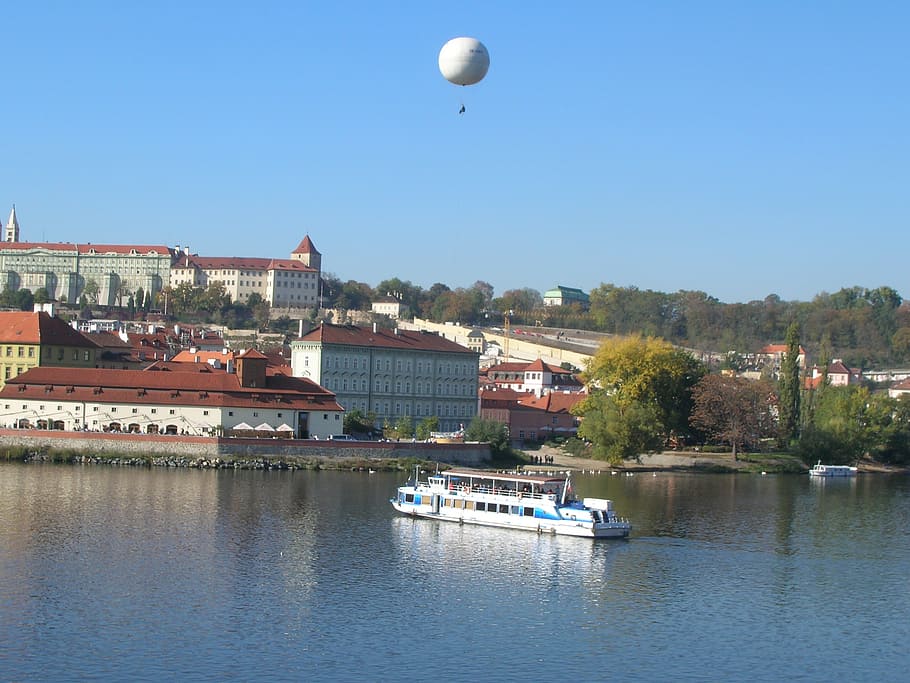 view, moldau, river, ship, tourism, balloon, prague, buildings HD wallpaper