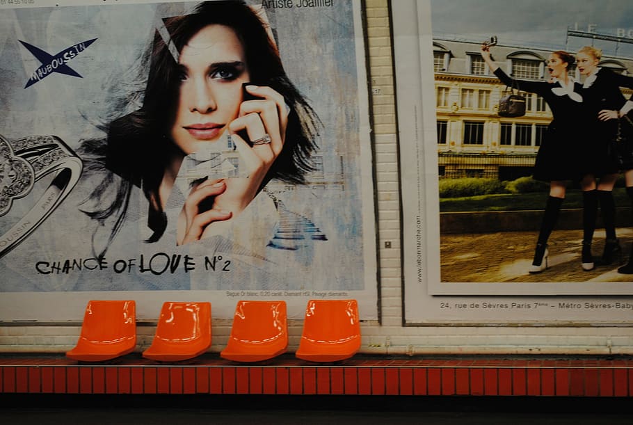 chairs, seat, orange, plastic, poster, wall, wait, break, sit HD wallpaper