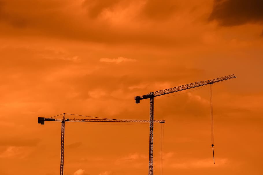 cranes, sunset, sky, clouds, dusk, industry, construction, silhouettes HD wallpaper
