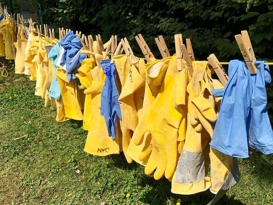 Gloves, Yellow, Blue, in a row, clothesline, grass, drying HD wallpaper