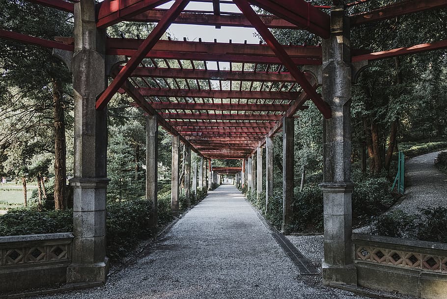 garden, architecture, columns, daylight, metal, path, pillars HD wallpaper
