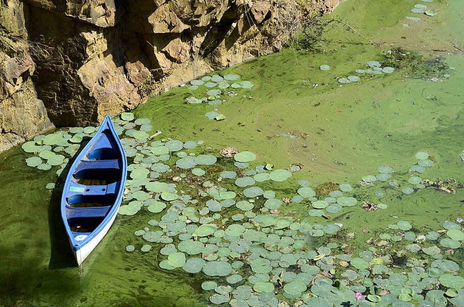 boat, blue, green, water, pond water, lake, rock mountain, lonely