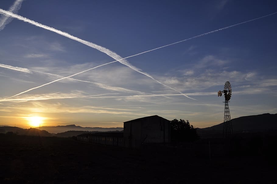 dawn, spain, mill, backlight, sky, cloud - sky, vapor trail HD wallpaper