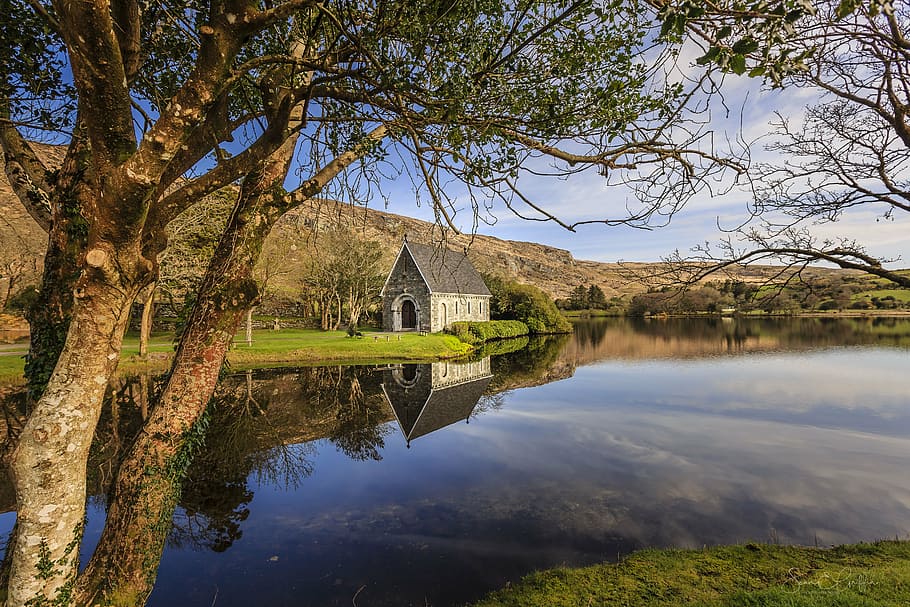 gray house and river, ireland, lake, calm, reflection, chapel HD wallpaper
